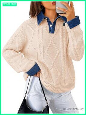 Cable Knit V-Neck Pullover Sweater with Button Down Collar and Denim-Style Cuffs